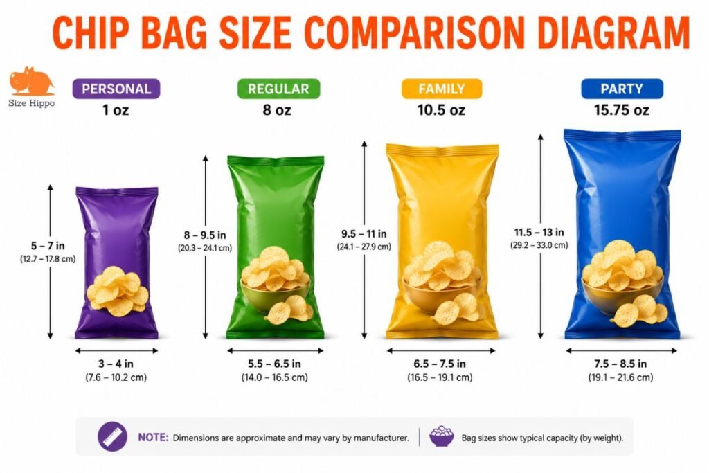Comparison diagram of chip bag sizes from personal to party size with labeled dimensions
