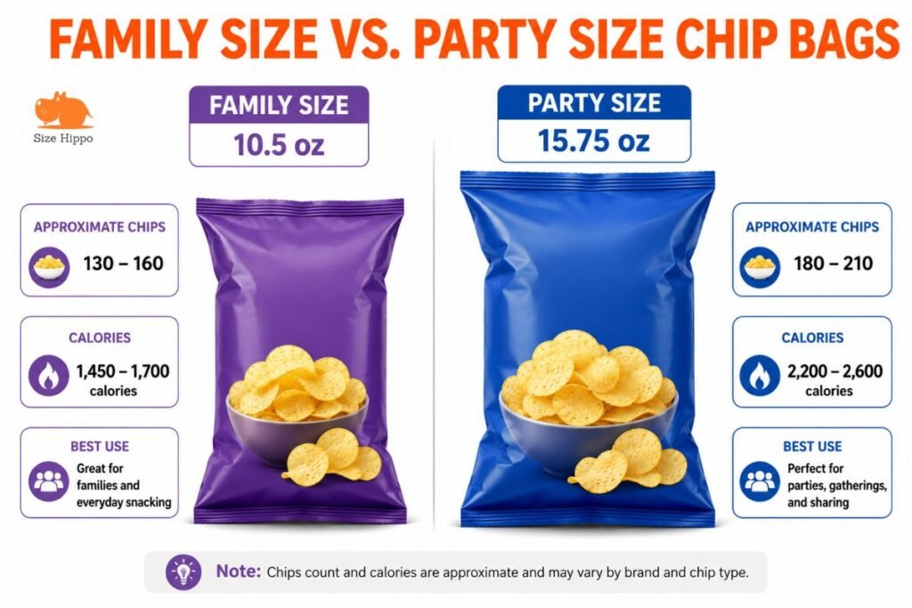 Comparison of family size and party size potato chip bags