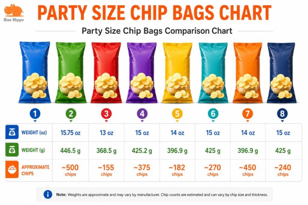 Party size chip bags chart comparing weight and chip count by brand