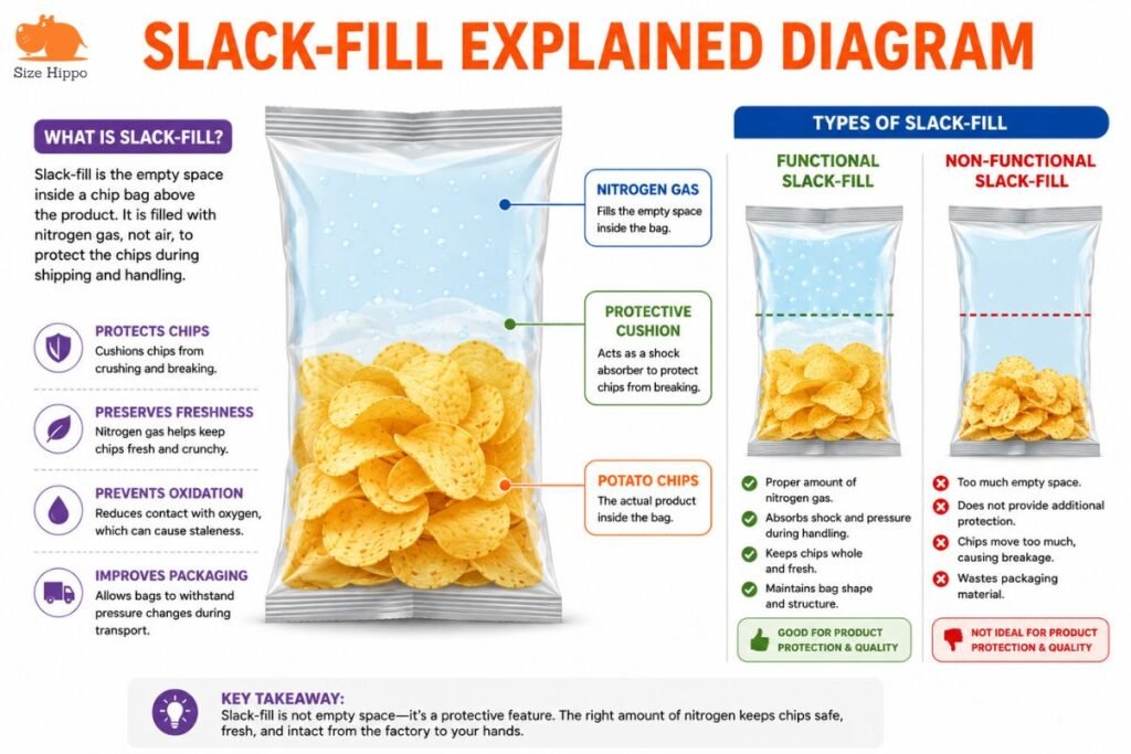 Diagram explaining functional versus non-functional slack-fill in chip bags